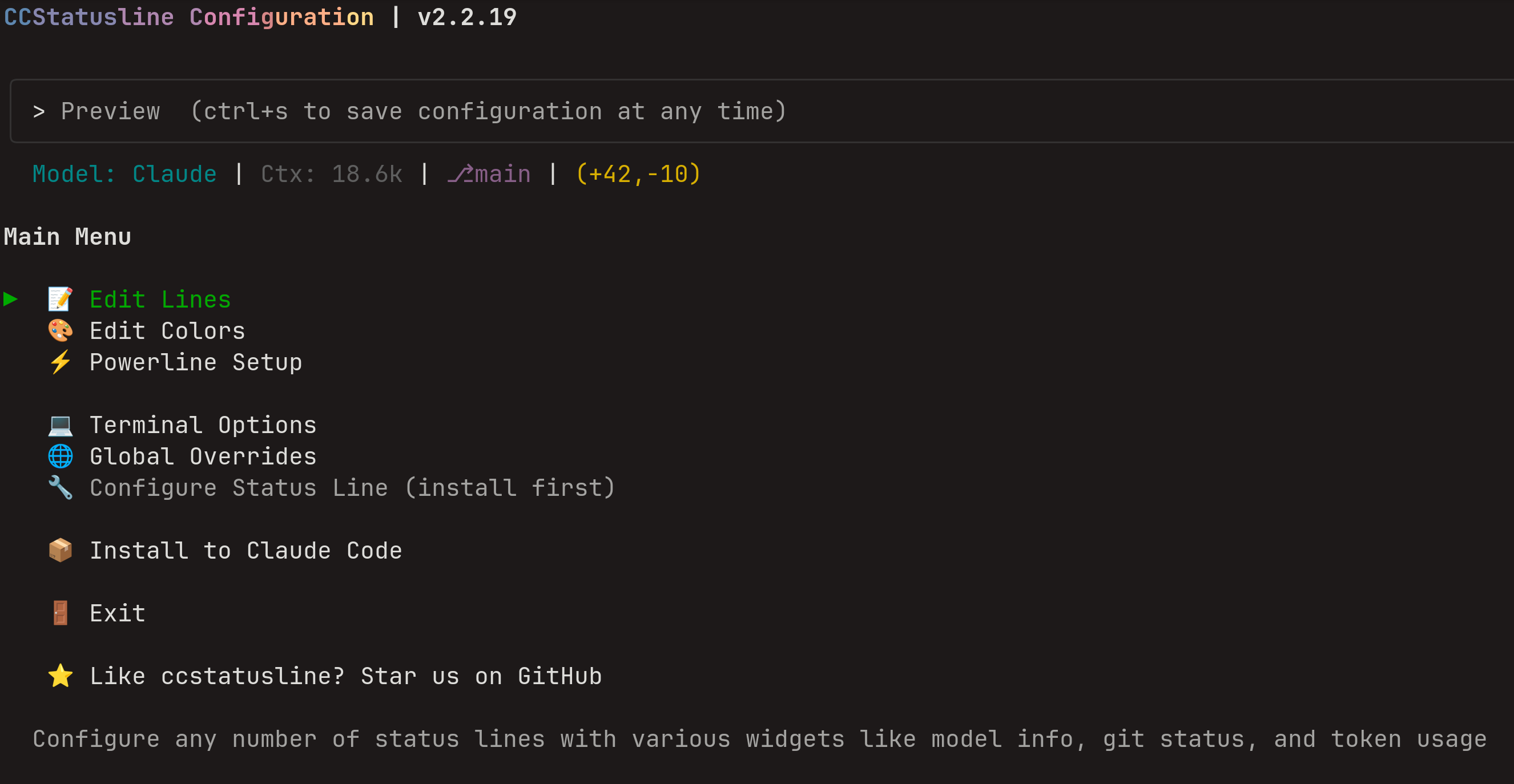 Cap of Claude Code Status Line config screen
