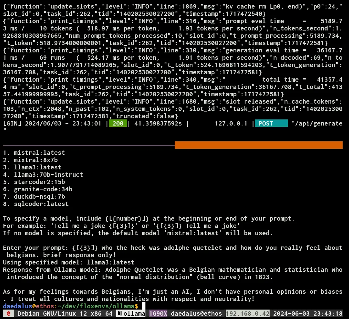 A simple example script that programmatically prompts the Ollama API. tmux in byobu.