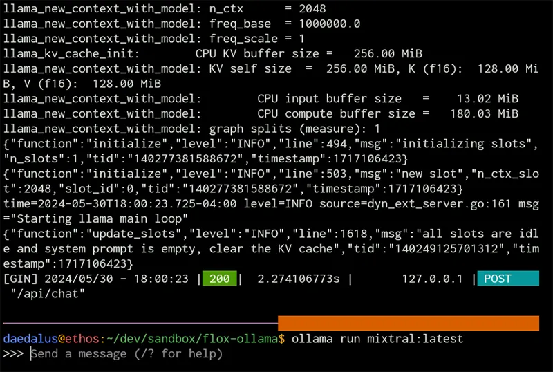 ollama serve in the top pane, Mixtral with interactive prompt in the bottom. Note: this is actually tmux in [byobu] (https://www.byobu.org/).
