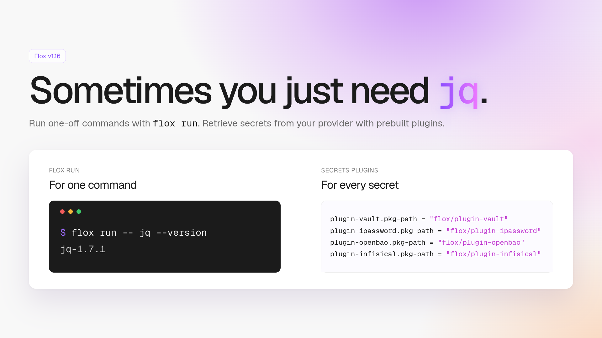 Run one-off commands with flox run. Retrieve secrets from your provider with prebuilt plugins.